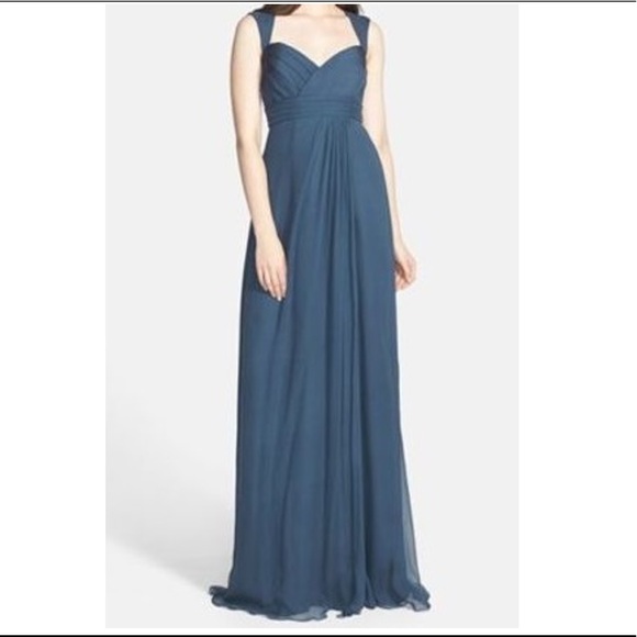 Amsale crinkled silk chiffon gown navy - Picture 3 of 4